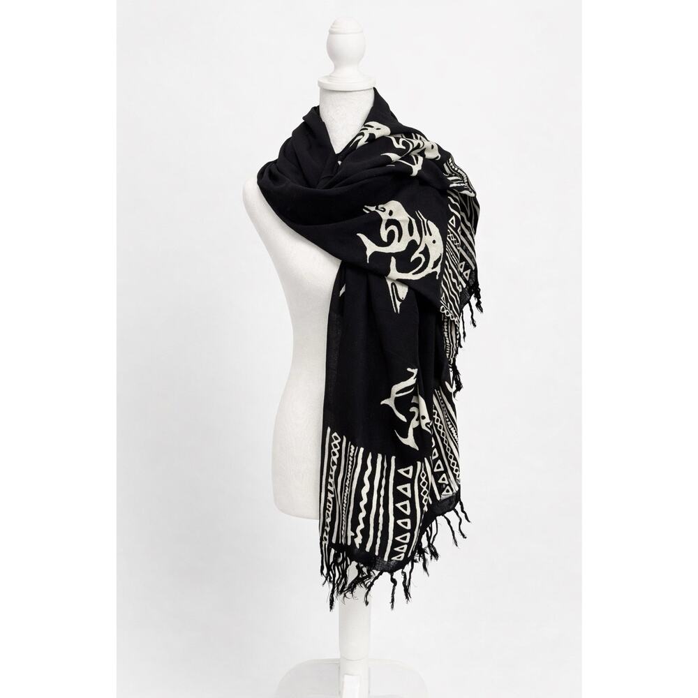 Koko Knot Black White Tribal Rayon Scarf Wrap Sarong 64” x 90”